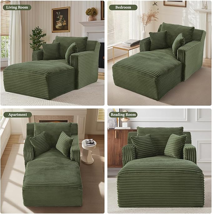 VEPXXP 65.4" Chaise Lounge Chair Indoor, Oversized Boneless Couch Comfy Upholstered Sleeper Sofa Bed with 3 Pillows, Corduroy Cloud Reading Chair for Living Room No Assembly Required, Green