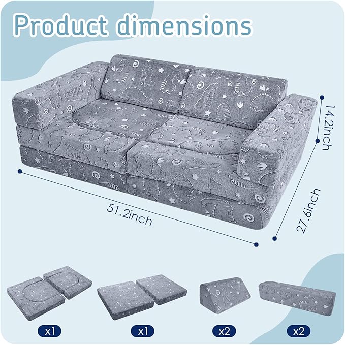 MeMoreCool 10-Piece Kids Play Couch – Modular Foam Sofa Set for Playroom, Fold-Out Convertible Toddler Furniture | Glow-in-The-Dark Dino Design, Washable Covers, Imaginative Play for Boys & Girls