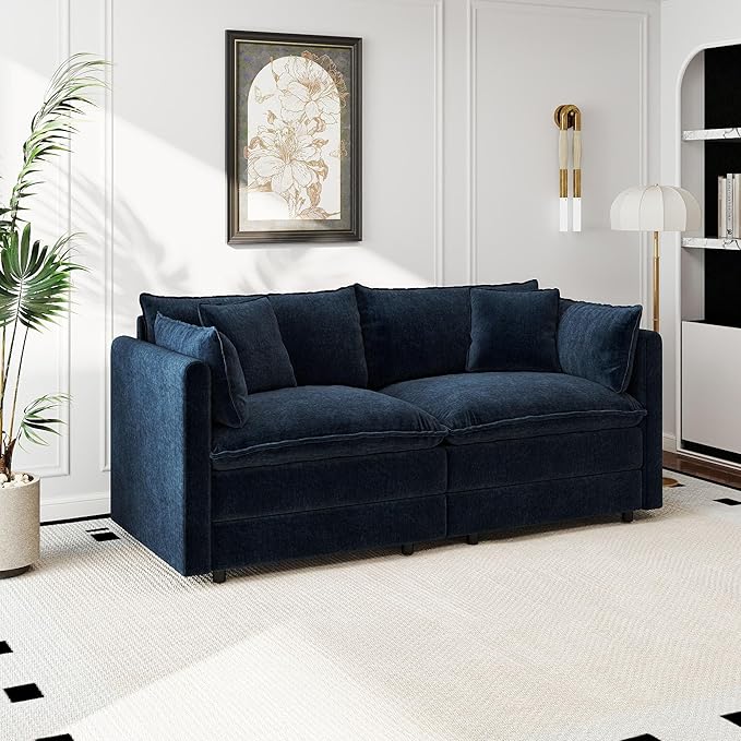 Aoowow Modular Sectional Sofa Modern Convertible Loveseat Couch,77.16 Inch Deep 2-Seater Sofas Comfy Chenille Cloud Sofas and Couches with Pillows for Living Room Apartment（Blue）