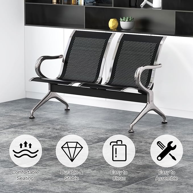 Kinfant 2-Seat Waiting Room Chair Bench Set- Office Guest Benches Reception Chairs with Arms for Airport, Hospital, Bank, Salon, Barbershop, Hall, Room Conference(Black Mesh, Set of 4)