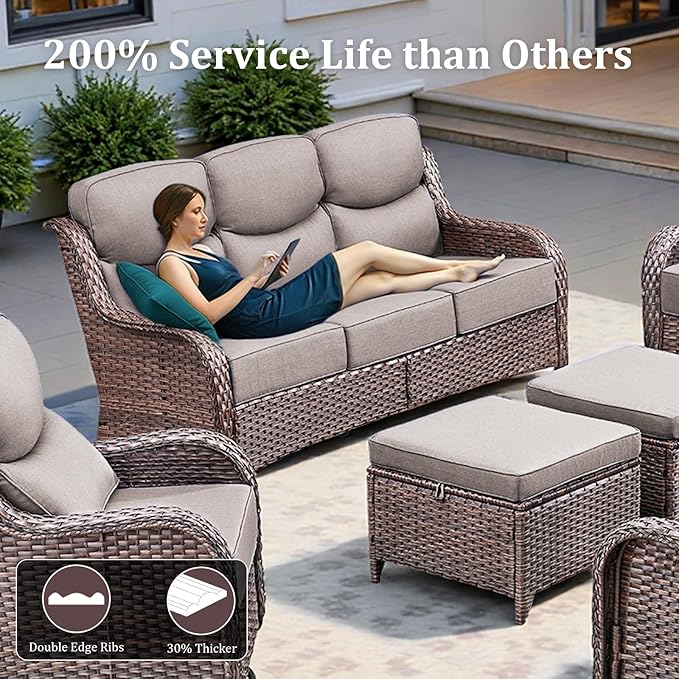 Pugire Luxury High Back Patio Furniture Set with 6-Inch Thick Cushions, 6-Pieces Outdoor Furniture with Swivel Chairs &Side Table, Wicker Conversation Set for Porch, Balcony, Deck and Yard, Brown/Grey