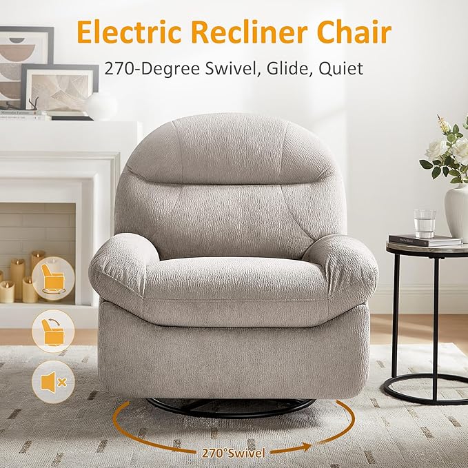 VANOMi Power Recliner Chair with USB & Type-C Charging, 270° Swivel Glider Rocker, Electric Nursery Recliner for Living Room, Bedroom, and Office, Light Gray