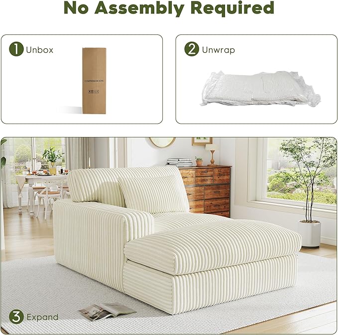 Oversized Chaise Lounge Sofa Chair Indoor，Soft Corduroy Fabric, Boneless sofawith Cushion，A Comfortable, deep-Seated Cloud Sofa for use in The Living Room.(Singler-Left-arm-White)