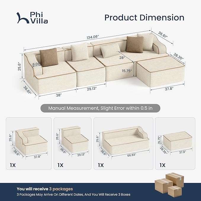 PHI VILLA Cloud Modular Couch Sets, 134" L-Shaped Sectional Sofa with Movable Ottoman, 5-Seater Couches with Deep Seat for Living Room, No Assembly Required, Corduroy, Beige