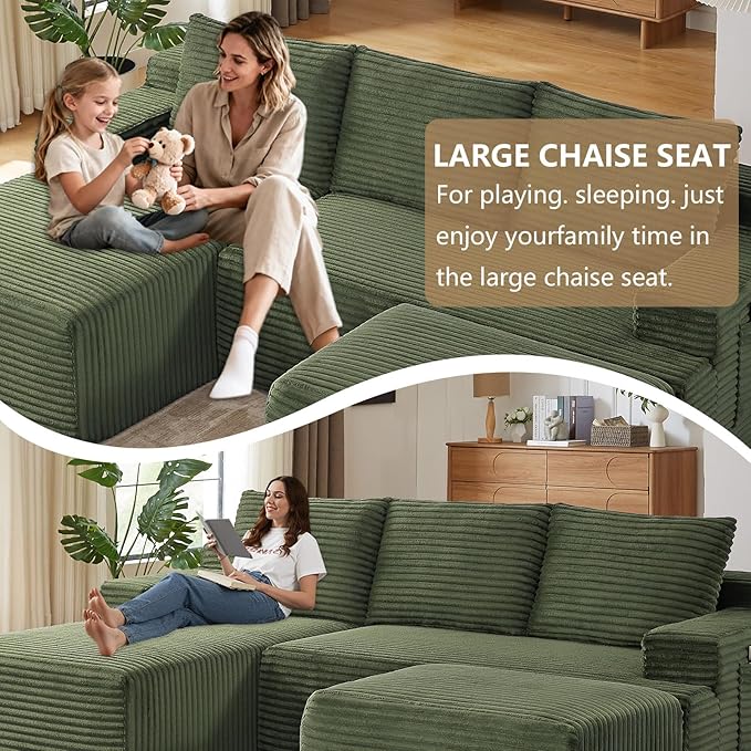 96" U-Shape Cloud Couch, Modern Modular Sectional L-Shape Sofa with Ottoman, Corduroy Upholstered Couches Deep Seat Sleeper Chaise Longue for Living Room, No Assembly Required(Green, Left Facing)