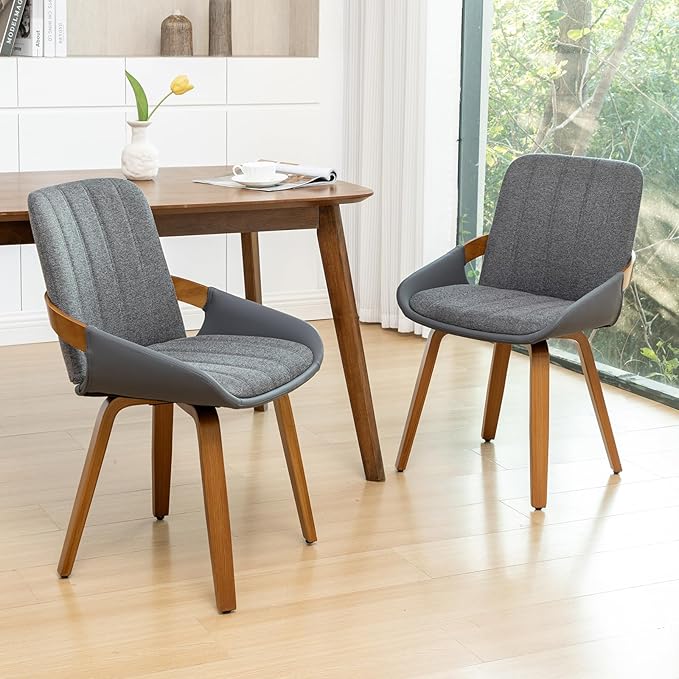 YOUUGIOR Dining Room Chairs Set of 2, Mid Century Modern Gray Fabric+Faux Leather Kitchen Chairs Armless,Bamboo Legs Side Chairs No Wheels,Accent Chair for Dining Rooms