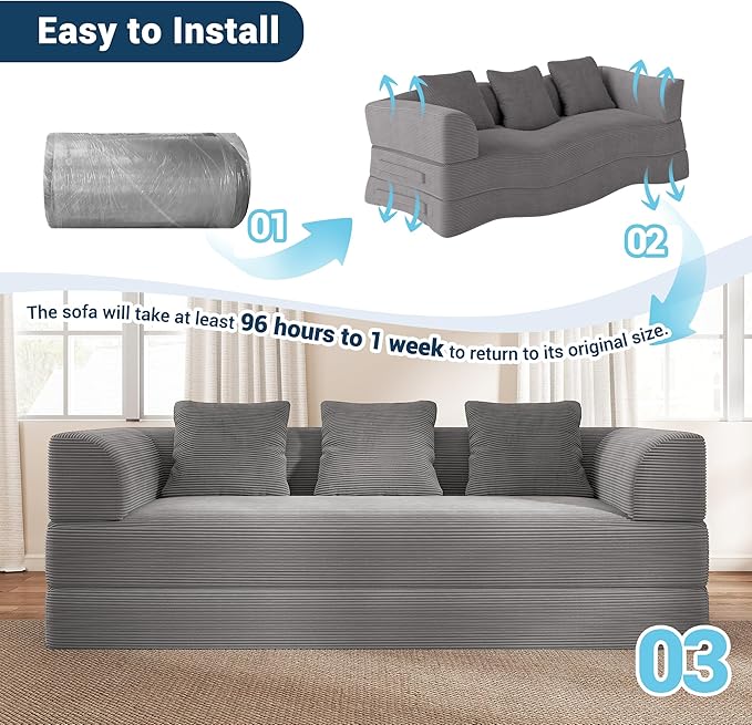 Cloud Boneless Convertible Sleeper Sofa Bed for Living Room 89" 4-in-1 Foldable Compressed Lounge 3 Seater Floor Couches High-Density Sponge & Corduroy Fabric Multi-Form Pull Out Futon Daybed(Gray)