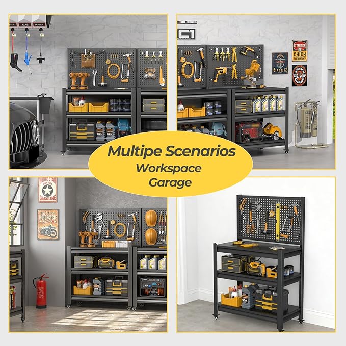 2 Sets Work Bench with Pegboard,Heavy Duty 3000lbs Capacity Workbench with Wheels Adjustable Shelves,Tool Cart,Work Table 47.2" H*33.46" W*18" D