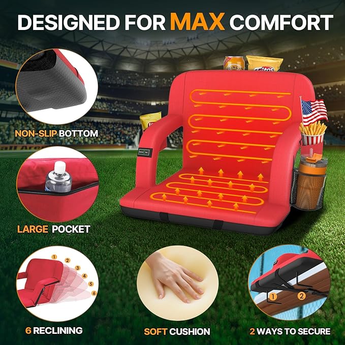 HOPERAN 25" 2pcs Dual-Sided Heated Stadium Seats for Bleachers with Back Support, 3 Levels Heating Stadium Seating for Bleachers Seat with Backrest, 5 Pockets Portable Stadium Chair(Red)