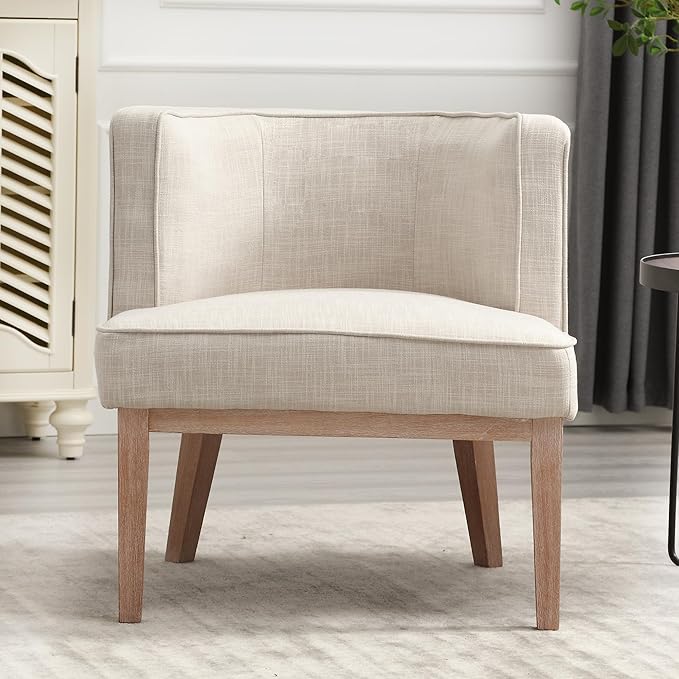 Comfy Barrel Chair Mid-Century Modern Accent Chair with Solid Wood Leg Upholstered Reading Arm Chair Linen Fabric Waiting Room Round Side Chairs for Small Spaces Living Room Bedroom Office, Beige