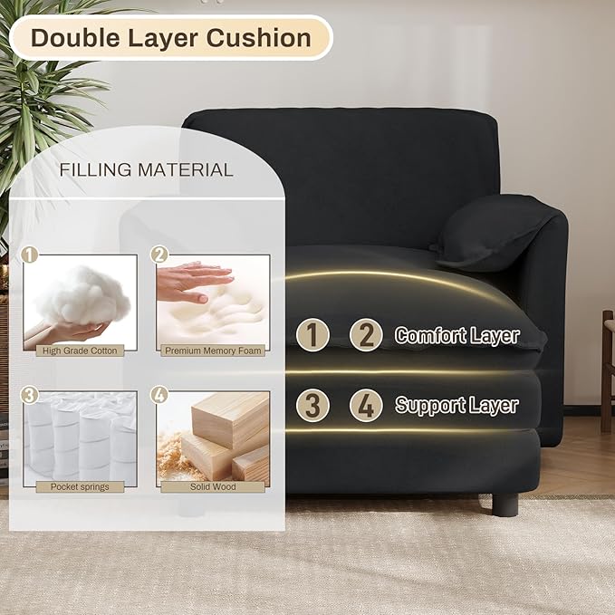 DAMAIFROM Oversized Chaise Lounge Chair Indoor with Ottoman, Firm Solid Wood Frame with Long Service Life Chenille Oversized Lounge Reading Chair for Study Room - Black
