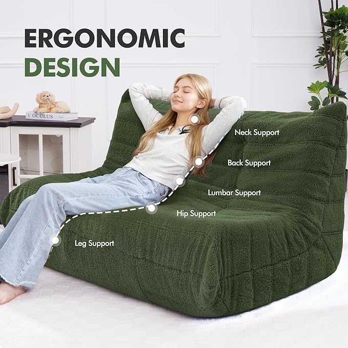 Bean Bag Loveseat Chair Big Sofa Beanbag Chair for Adults Fireside Chair Bean Bag Lounger with Memory Foam Filled for Home,Apartment or Gaming Venue（Green Teddy）