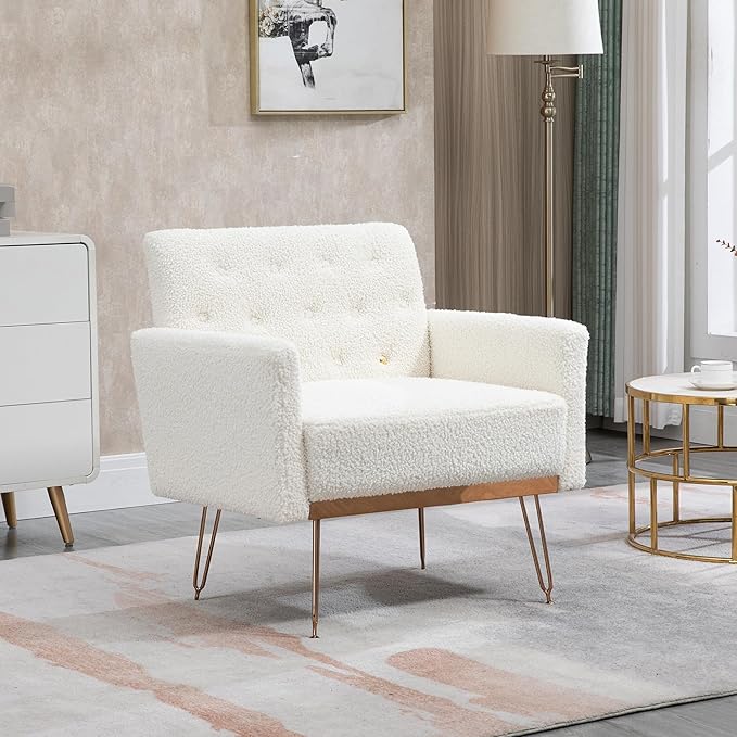 Accent Chair for Living Room, Comfy Oversized Velvet Upholstered Arm Chairs, Mid Century Modern Reading Single Sofa Side Chair with Tufted Back and Gold Legs for Bedroom (1, Teddy White)
