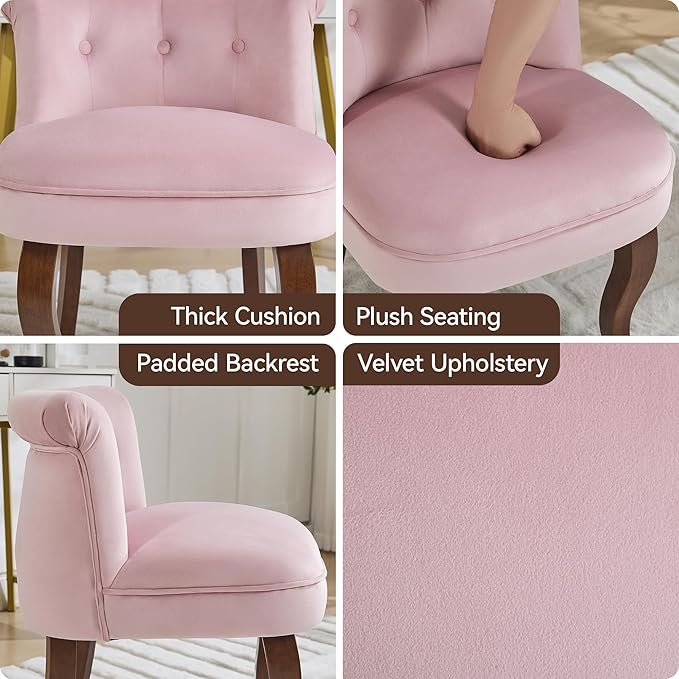 WUTUTUEE Velvet Tufted Vanity Chair with Back, Upholstered Mid Century Vanity Stool with Solid Wood Legs, Small Makeup Chair for Vanity, Accent Chair for Bedroom, Living Room, Pink
