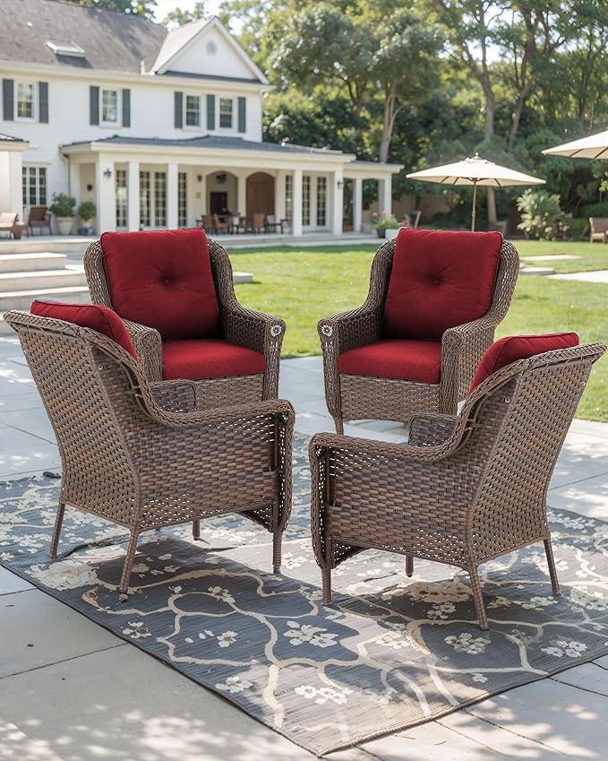 ACTREST Patio Wicker Chairs Outdoor Furniture Chair - Set of 4 Outside All Weather Lawn Dining Brown Rattan Armchair with High Back&Deep Seating for Deck Porch Balcony Backyard Garden - Red