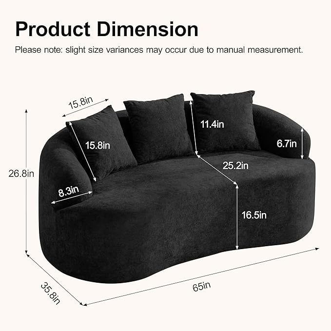 Abbrevi 65" Curved Loveseat Sofa, Deep Seat Love Seat Couches with 3 Throw Pillows, Modern 2 Seater Boneless Curved Couch, Compressed Floor Sofa for Living Room Small Spaces, No Assembly, Black