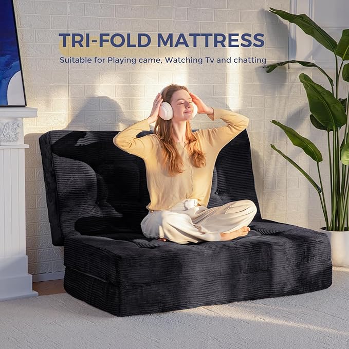 MAXYOYO Tri-Fold Mattress, 6 Inch Tufted Folding Futon Foam Bed, Foldable Floor Mattress Guest Bed Futon Topper Portable Camping Sleeping with Corded Fabric, Black, 35.4"x75"