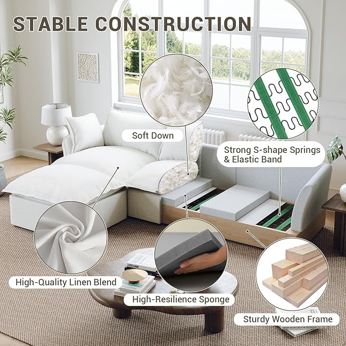 Lopzeho 82” Modular Sectional Sofa, Comfy Down Fill Cloud Couch with Movable Ottoman, L Shaped Modular Small Couch with Washable Cover, Sectional Couches for Living Room Small Apartments, Cream White