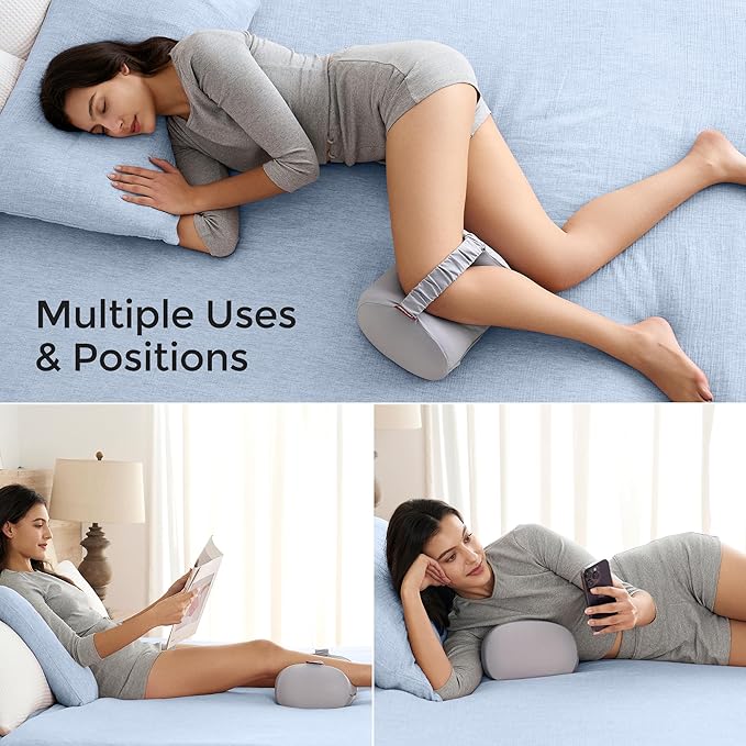Momcozy Knee Pillow for Side Sleepers with Cooling Cover, Soft Memory Foam Spine Alignment Pregnancy Leg Pillow for Hips, Back, Sciatica Pain, Fixed Strap for Moving, Wider Contact Even Pressure