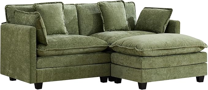 UMBFUN Cloud Couch Loveseat with Ottoman, Oversized Comfy Modular Sectional L Shaped Sofa with Deep Seat Cushions, Chenille 2-Seater Lounge Set for Living Room, Green