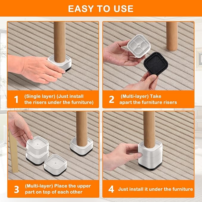 shouwuhho 9 Pack Furniture Risers Adjustable Bed Risers Heavy Duty Lifts Height 1", Square Stackable Bed Risers 1, 2 or 3 Inch for Desk Leg Table Couch Sofa Chair Bed Frame Legs Dorm, White