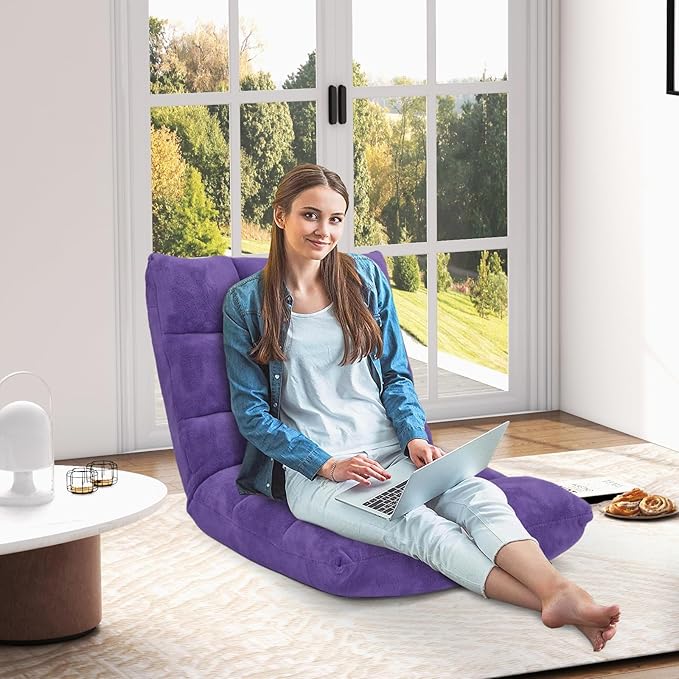MAT EXPERT 14-Position Floor Chair, Floor Gaming Chair w/Soft Coral Fleece, Alloy Steel Frame, Padded Lazy Couch Recliner, Floor Chair with Back Support for Reading, Meditating, Playing Game (Violet)