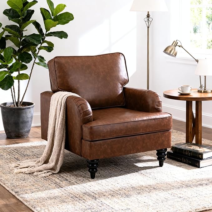 chairus Mid Century Modern Faux Leather Accent Chair Set of 2, Vintage Club Armchair with Firm Supportive Seat & Soft Backrest, Comfy Single Sofa Reading Chair for Living Room Bedroom Apartment, Brown
