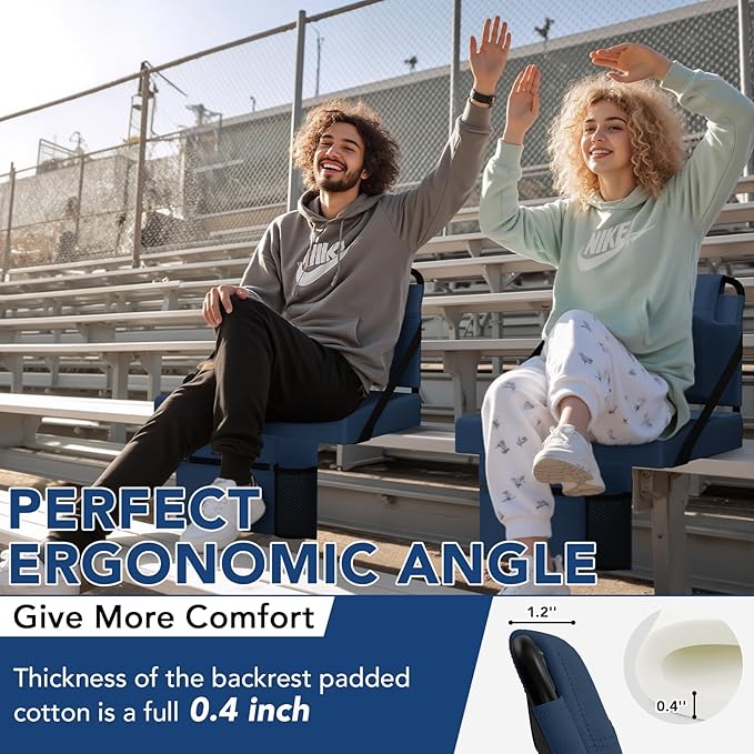 Stadium Seat 2 Pack for Bleachers with Back Support,Portable Bleacher Chairs with Back and Cushion，Navy