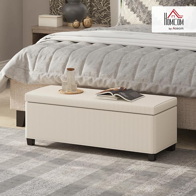 HOMCOM 44 Inches Storage Ottoman Bench, Foot Rest with Removable Lid, Legs, End of Bed Bench, Corduroy Storage Chest, Padded Seat, for Living Room, Bedroom, Entryway, Beige