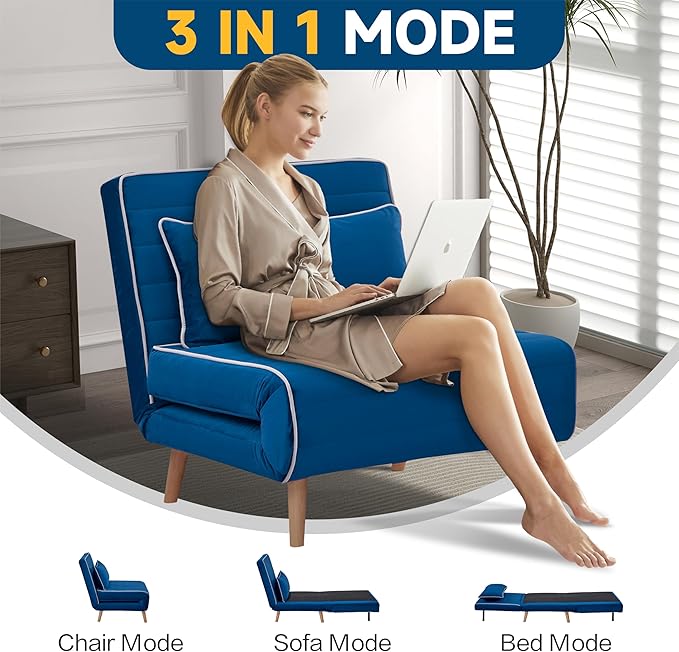 CITTANEO 32" Convertible Sleeper Chair, 3-in-1 Folding Sleeper Chair with Pillow, 3-Position Adjustable Backrest for Living Room, Bedroom, Office, Blue