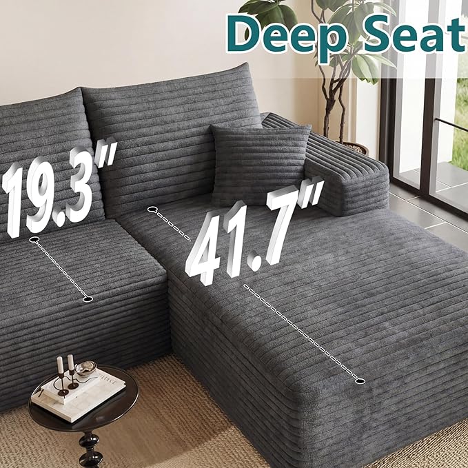 95" Modular Sectional Couch, Boneless L Shaped Cloud Sofa with Chaise Lounge, Corduroy Upholstered Couches Memory Foam Deep Seat, No Assembly Required, Ideal for Living Room(Dark Gray, Right Facing)
