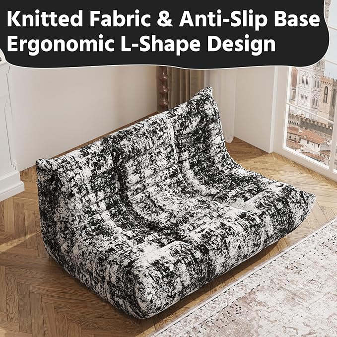 Bean Bag Chair, Fireside Chair, Large Bean Bag Chair for Adults, Bean Bag Chairs for Teens with High-Resilience Foam, Non-Slip Base Floor Lounge Sofa,Living Room (Cross White-Black, Loveseat)