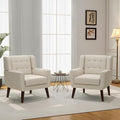 Accent Chair, Mid-Century Modern Fabric Chairs with Arms for Living Room, Comfy Upholstered Club Single Sofa Armchair for Bedroom Waiting Room with Solid Wood Frame (Fabric White, Set of 2)