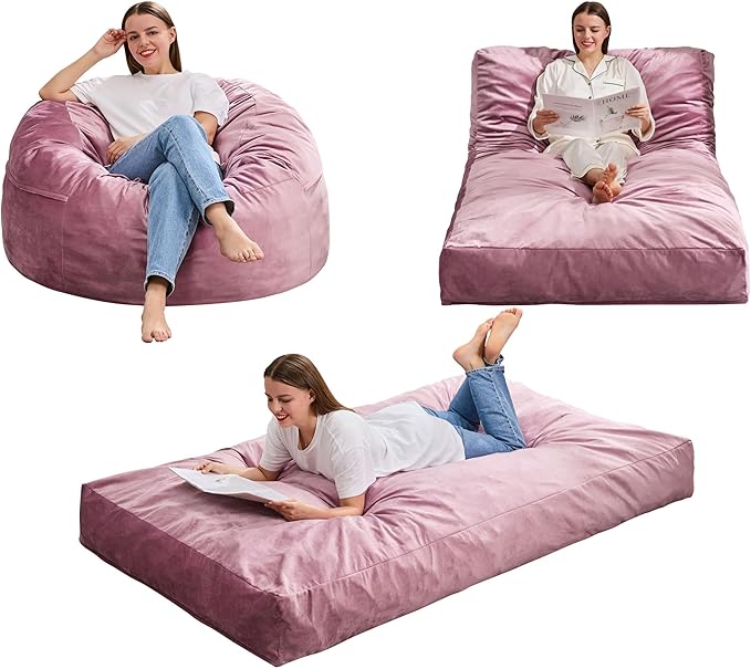 Hobestluk Giant Bean Bag Chair Bed for Adults, Large Bean Bags with High-Density Foam Filling, Convertible Big Sofa Bed Couch for Living Room, Bedroom, Playroom (Pink, Twin)