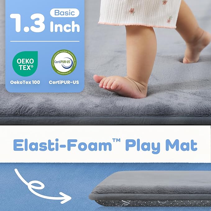 PAPAMAT 1.3" Thick Baby Floor Play Mat 59x79, Basic Padded Foam Mat for Tummy Time Crawling, Non Slip Cushioned for Babies Toddlers Infants Kids (Dark Grey)