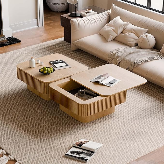 FGXJY Square Small Coffee Table with Storage, Modern Wooden Coffee Table with Solid Wood Veneered, Fluted Center Table Drum Tea Table for Living Room Apartment, 31.5''L×31.5''W×14''H
