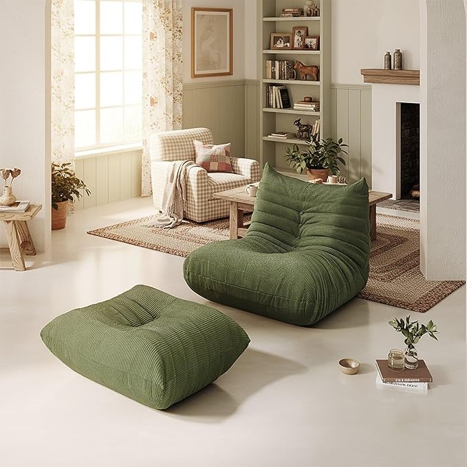 Bean Bag Chair for Adults,Armless Fireside Chair Comfy Corduroy Lazy Floor Sofa,Lounge Chair Lazy Sofa Couch Memory Foam Bean Bag for Living Room, Apartment Office,(Olive Green) 2 Seater