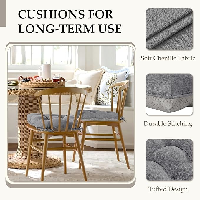 HARBOREST Chair Cushions for Dining Chairs Set of 6 - Chenille Tufted Kitchen Chair Cushions with Ties and Non-Slip Bottom, Foam Chair Pads for Dining Chairs, 17" x 17", Grey