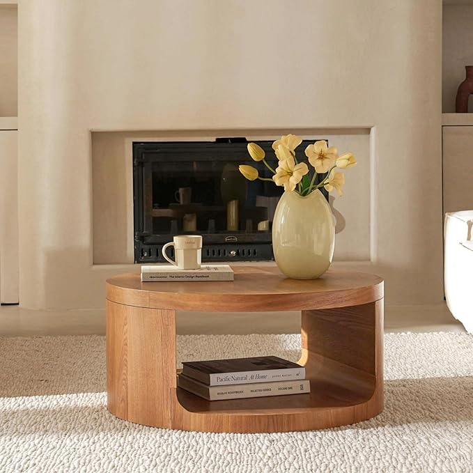 Veihaus Round Coffee Table with Storage, 31.5" Modern Living Room Table, 2 Tier Circle Wood Center Tables for Apartment, Living Room, Open-Style Storage Coffee Tables, 31.5"*15.7" (Nature Wood)
