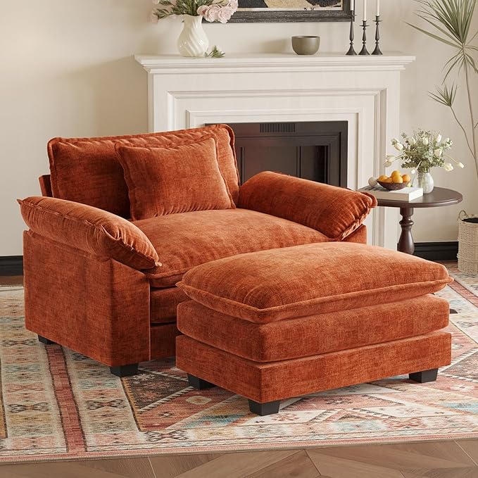 HUSFU Oversized Accent Chair with Ottoman, Chenille Cloud Couch Chair with Deep Seat and Extra Wide Armrests, Comfy Reading Armchair for Bedroom, Living Room, Terracotta Orange