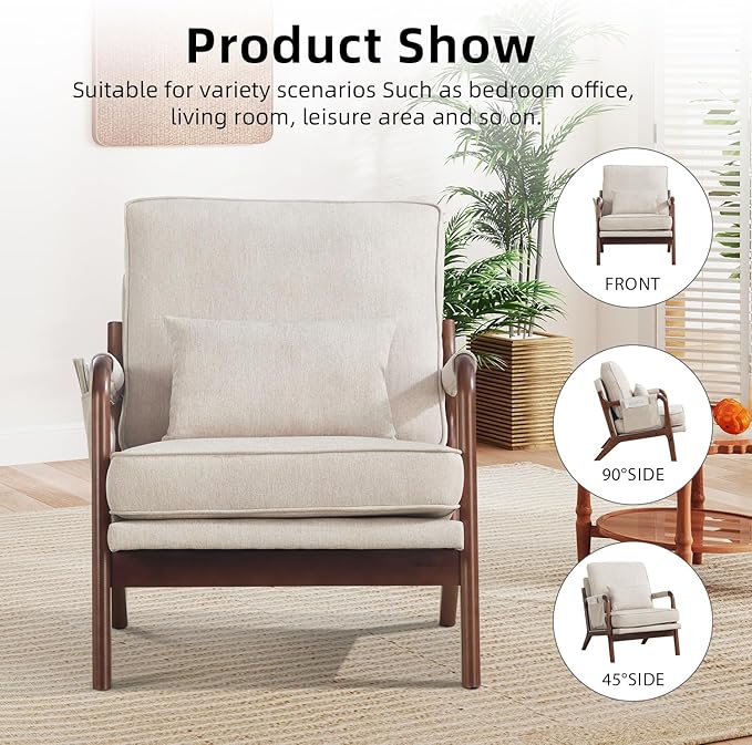 CANMOV Accent Chairs Set of 2, Mid Century Modern Chair with Extra Side Storage Pocket Upholstered Reading Armchair with Waist Cushion, Accent Chair for Living Room Bedroom, Easy Assembly, Beige
