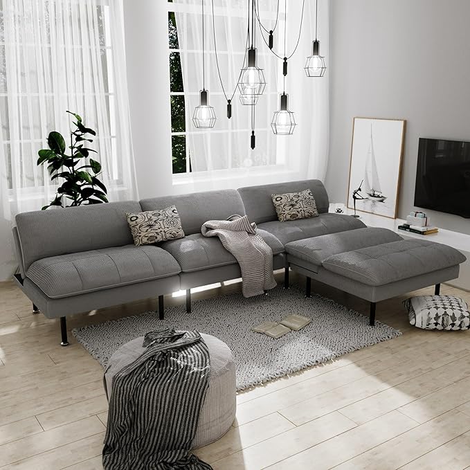 2 Sets 70" Futon Sofa Bed, 4 in 1 Multi-Function Couch Sleeper with Adjustable Backrest, Modern Convertible Futon, Recliner Small Loveseat for Living Room, Light Grey