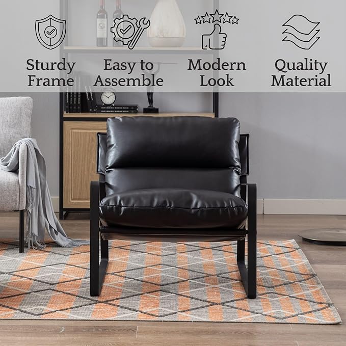 LukeAlon Modern PU Leather Accent Armchair, Upholstered Living Room Chair with Metal Base Removable Thickened Cushion Single Sofa Chair Comfy Lounge Chair for Bedroom Living Room Office, Black