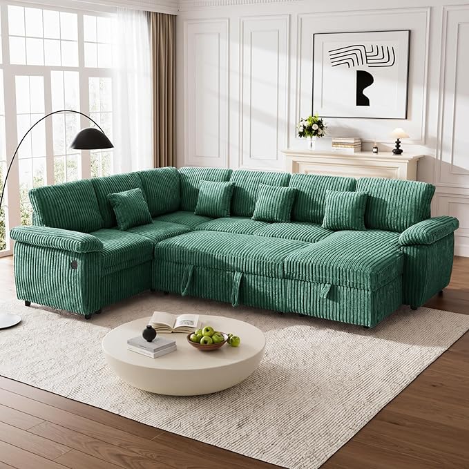Modular Sectional Sleeper Sofa with Pull Out Bed, Storage Chaise & USB Charging, U Shaped Plush Corduroy Sectional Couches for Living Room, Comfy Convertible 7 Seat Cloud Sofa Bed Emerald Green