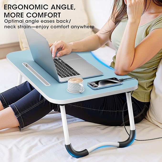 Folding Lap Desk, 23.6 Inch Wood Laptop Bed Desk with Cup Holder, Portable Bed Table for Working Writing Reading & Eating for Bed, Sofa, Couch, Floor - Blue