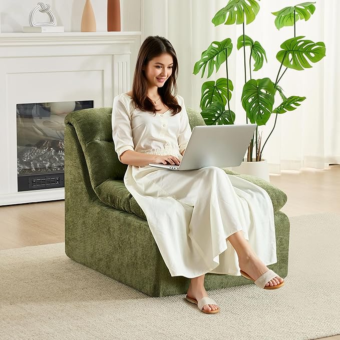 WUTUTUEE Boneless Chair, Double-Layer Armless Floor Sofa with High Density Memory Foam, No Assembly Togo Sofa, Chenille Bean Bag Chairs for Living Room, Bedroom, Comfy Cloud Chair (Green)