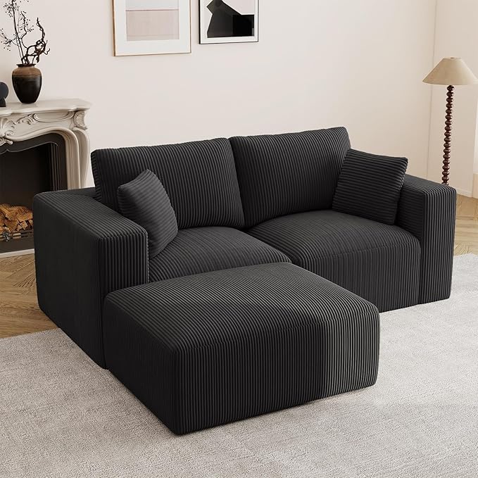 79" Modular Sectional Sofa with Ottoman, L-Shaped Cloud Couch, Memory Foam Boneless Loveseat with Chaise, No Assembly Required Corduroy Frameless Sofa for Small Apartment & Living Room, Black