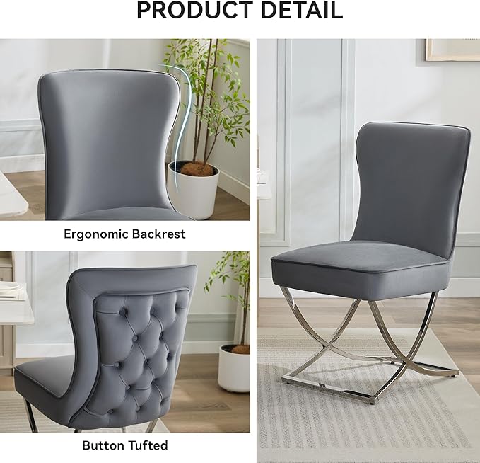 WUTUTUEE Luxury Velvet Dining Chairs, Tufted Upholstered Armless Accent Chairs with Silver Metal X-Legs, Modern Glam Dining Room Chair Set of 2, Dark Grey