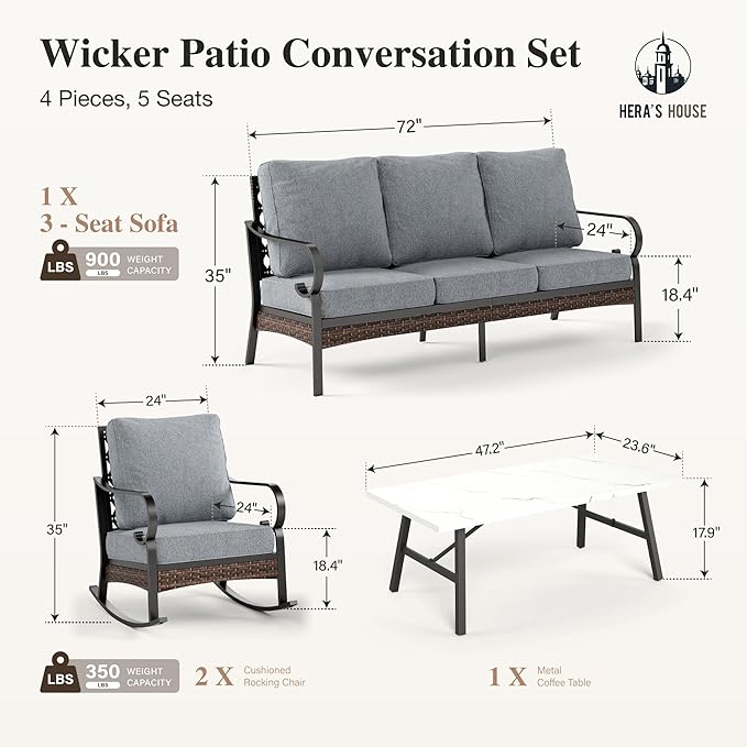 HERA'S HOUSE 4 Piece Metal Patio Furniture Set, All Weather Outdoor Conversation Set with 3 Seat Sofa, 2 Rocking Chairs & Coffee Table, Seats 5 for Backyard, Garden, Deck, Grey