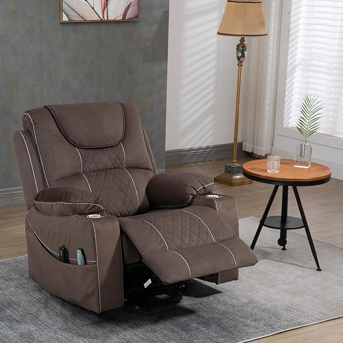 Oversized Power Lift Recliner Chair for Big and Tall 400 LBS, 26" Large Electirc Recliner Chair with Massage and Heating, Lay Flat Zero Gravity Recliner Sofa, Velvet, Coffee Brown
